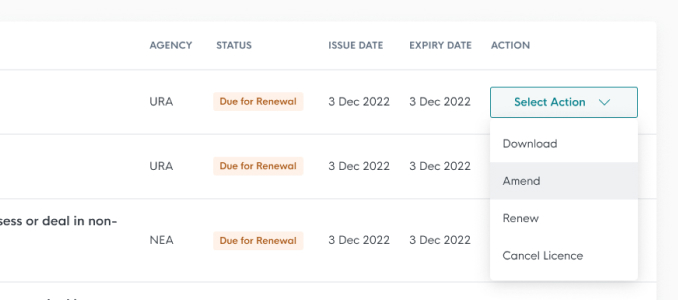 Screenshot of amend, renew or cancel existing licence